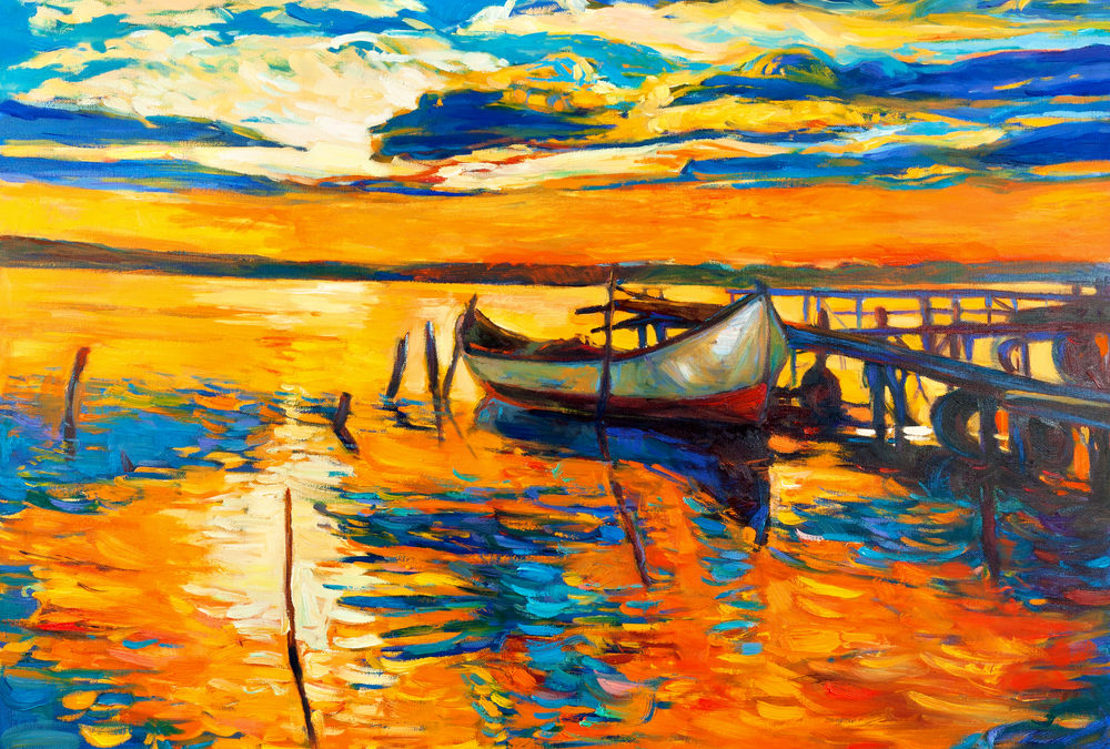 Original oil painting of boat and jetty(pier) on canvas.Sunset over ocean.Modern Impressionism